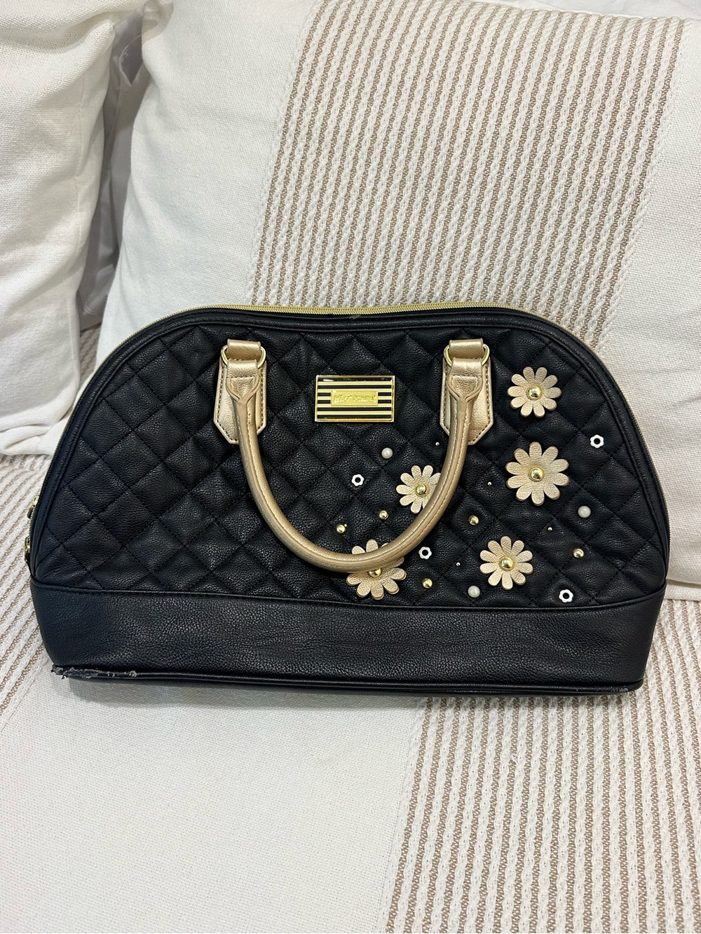 Betsey Johnson Black Satchel with Gold Handles and Cream Floral Accents